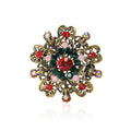 Antique Gold Openwork Floral Brooch Red Green Crystals view 1