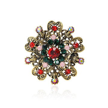 Antique Gold Openwork Floral Brooch Red Green Crystals