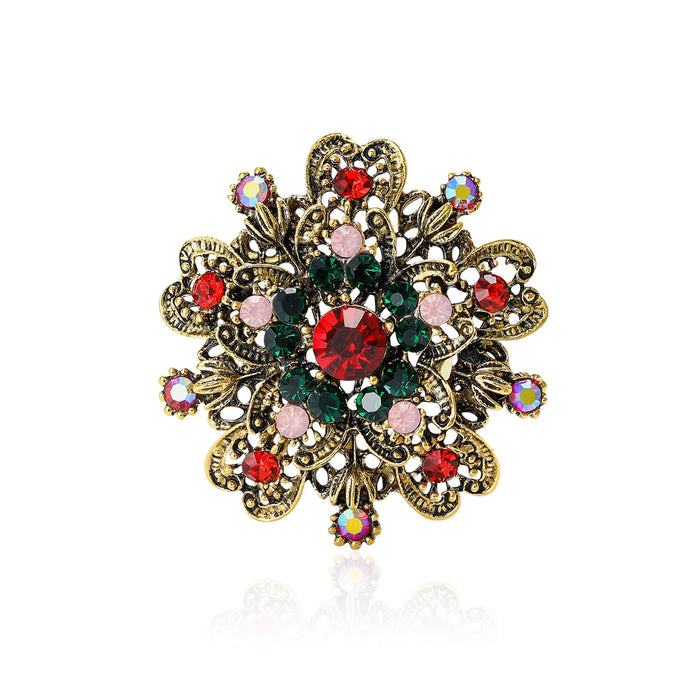 Antique Gold Openwork Floral Brooch Red Green Crystals