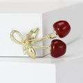 Double Red Cherry Brooch With Green Leaves and Crystal Stems view 3