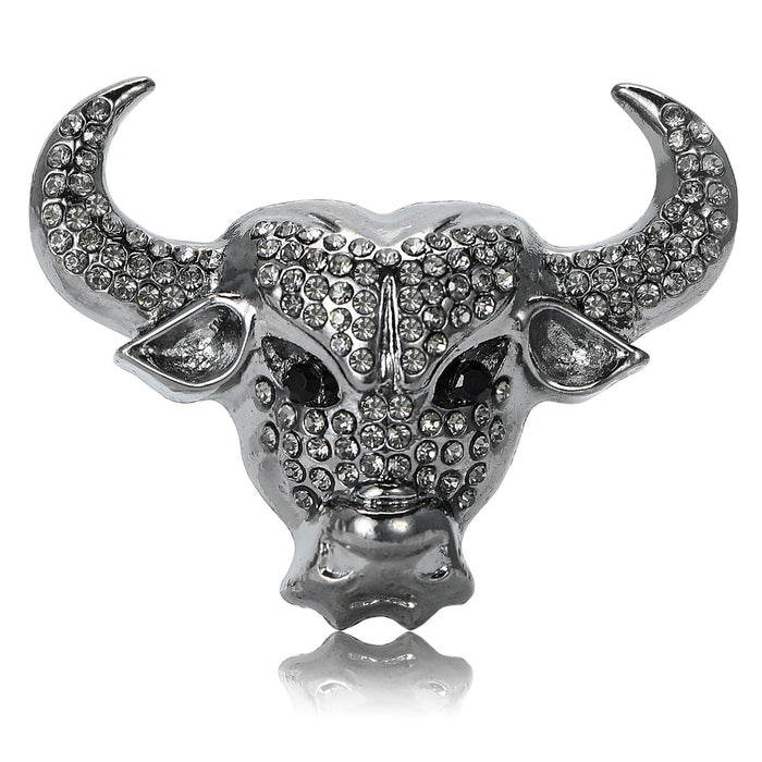 Black Crystal Bull Head Brooch With Silver Tone Details