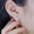 White Gold Tone Baguette Round Crystal Huggie Hoop Earrings view 3