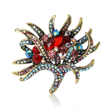 Spiky Crystal Flower Brooch in Red Multicolor or Navy Blue