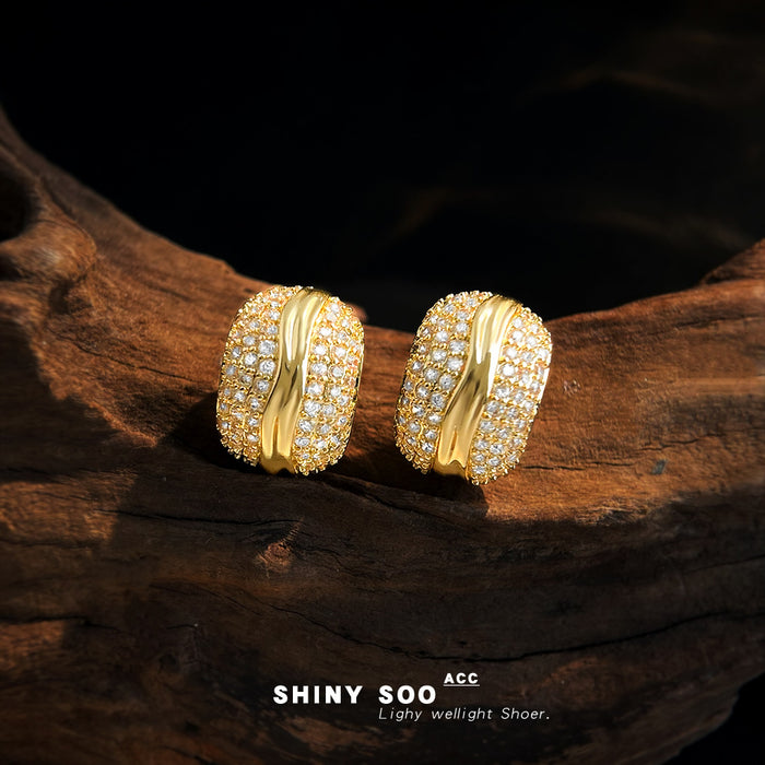 Gold Pave Zircon Geometric Stud Earrings Wave Band Pair