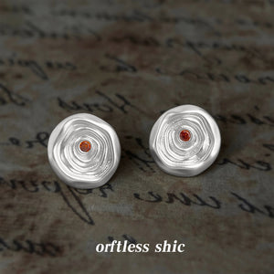 Matte Silver Swirl Disc Stud Earrings Amber Crystal Center