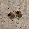 Gold Frame Rectangle Fabric Dangle Earrings Black Green Circles view 3