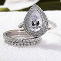 Pear-Shaped Clear Solitaire Double-Halo Two-Ring Set Silver Tone view 2