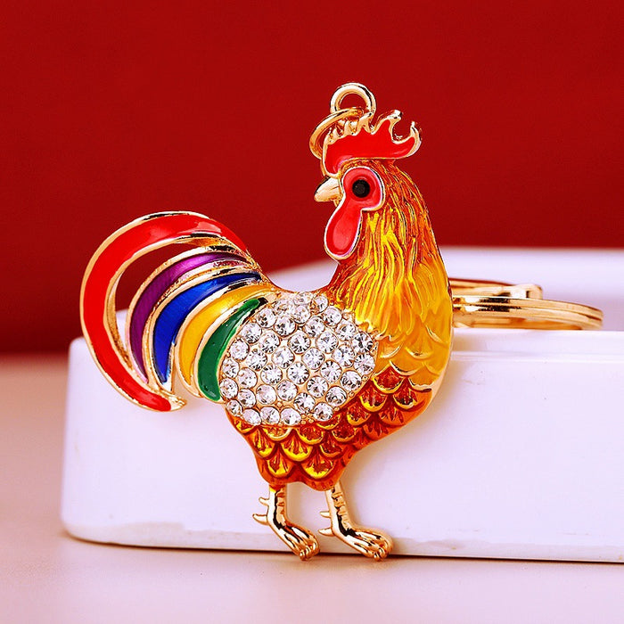 Striped Rooster Keychain With Gold Tone Ring and Lobster Clasp