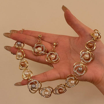 Gold Flower Pearl Necklace Earring Set Rhinestone Swirls
