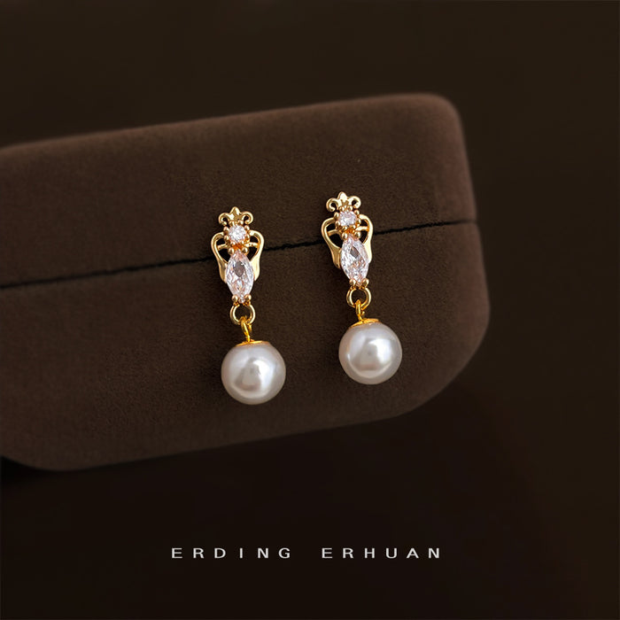 Gold-Tone Crown Marquise Clear Stone Pearl Drop Earrings