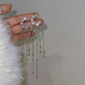 Silver Tone Crystal Crescent Pearl Chain Tassel Clip Earrings view 6