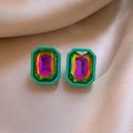 Rainbow Rectangle Acrylic Stud Earrings with Crystal Border view 2