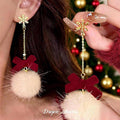Snowflake Bow And Faux Fur Pom Pom Drop Earrings Matching Jewelry Pair view 1