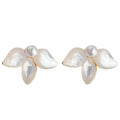Gold Tone White Pearl Center And Shell Leaf Stud Earrings view 5