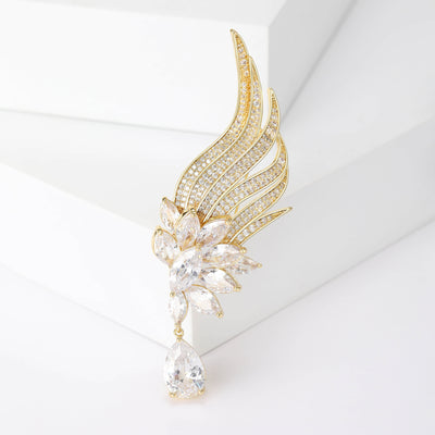 Front view of Gold Tone Crystal Angel Wing brooch
