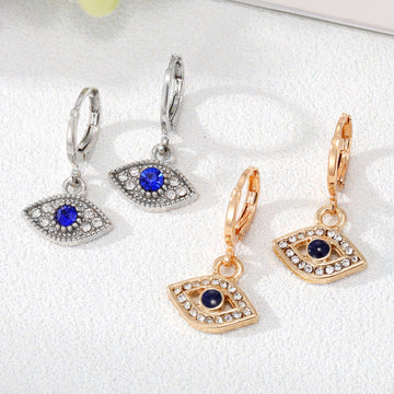 Gold and Silver Tone Marquise Crystal Blue Evil Eye Huggie Earrings