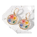 Gold Tone Divided Round Pressed Flower Resin Hook Earrings view 5