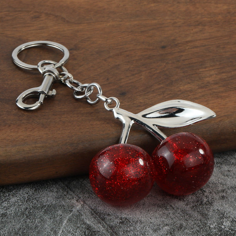 Red Resin Cherry Metal Keychain Shiny Fruit Bag Charm Pendant