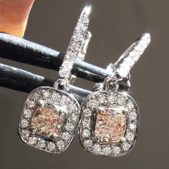 Silver Tone Pink Square Crystal Drop Earrings Polished Statement Fashion Jewelry