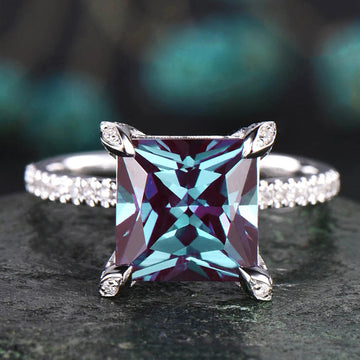 Silver Tone Square Blue CZ Four-Prong Pave Band Ring