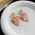 Teal Heart Dried Flower Drop Earrings Gold Hammered Studs view 2