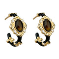 Gold Tone Black Enamel Brown Oval Stone Huggie Hoop Earrings view 5