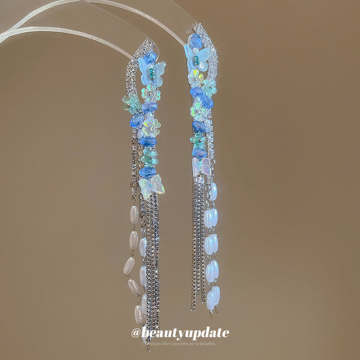 Blue Green Crystal Chain Tassel Stud Earrings Fashion Jewelry