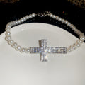 Silver Rhinestone Cross Pearl Necklace And Bracelet Set view 7