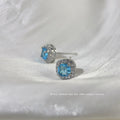 Silver Tone Aqua Blue Square Stone Clear Halo Stud Earrings view 3