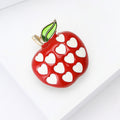 Red Apple Brooch With White Heart Spots and Green Leaf view 3