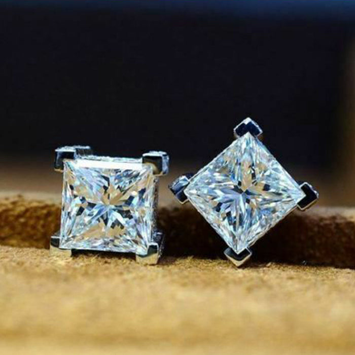 White Gold Square Four-Prong Princess Cut Clear Stud Earrings