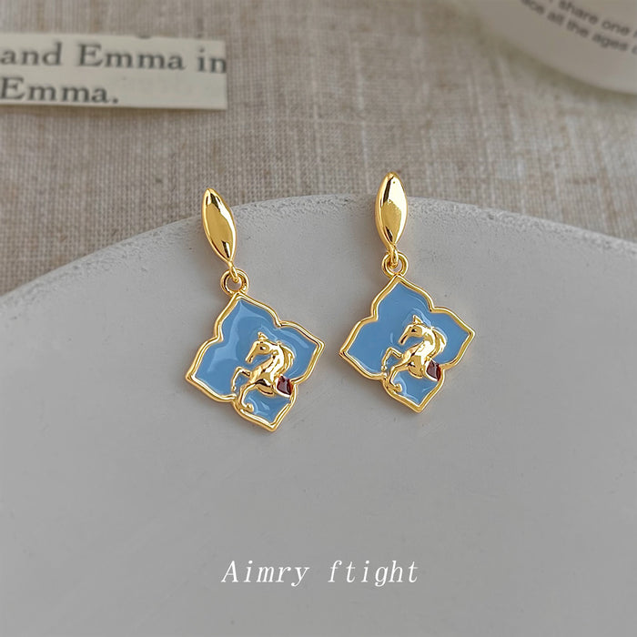 Gold Blue Enamel Horse Motif Drop Earrings Red Accent