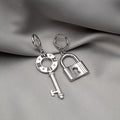 Silver Tone Mismatched Key and Padlock Dangle Earrings view 2