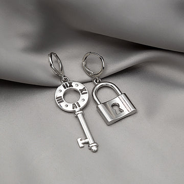 Silver Tone Mismatched Key and Padlock Dangle Earrings