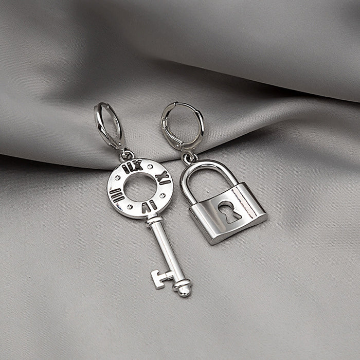Silver Tone Mismatched Key and Padlock Dangle Earrings