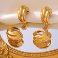 Gold Ribbed Open Cuff Ring With Layered Wave Face Design view 4