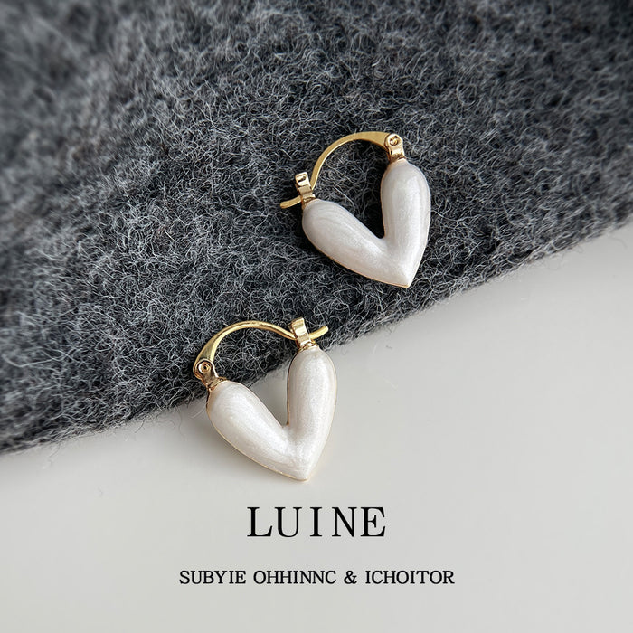 Gold Latch White Pearlescent Heart Hoop Earrings Pair