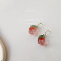 Pink Peach Fruit Drop Earrings Gold Hook Green Leaf view 6