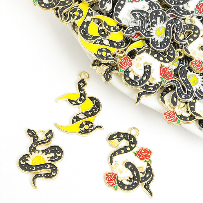 Black Enamel Skull and Snake Charms in Six Coiled Designs