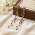 Purple Floral Vine Gold Tone Long Dangle Stud Earrings view 4