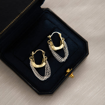 Gold Huggie with Silver Chain Fringe Dangle Earrings