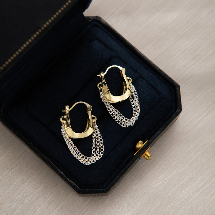 Gold Huggie with Silver Chain Fringe Dangle Earrings