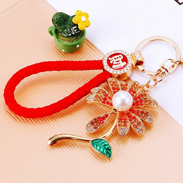 Pearl Center Daisy Keychains With Color and Braided Wrist Strap Options