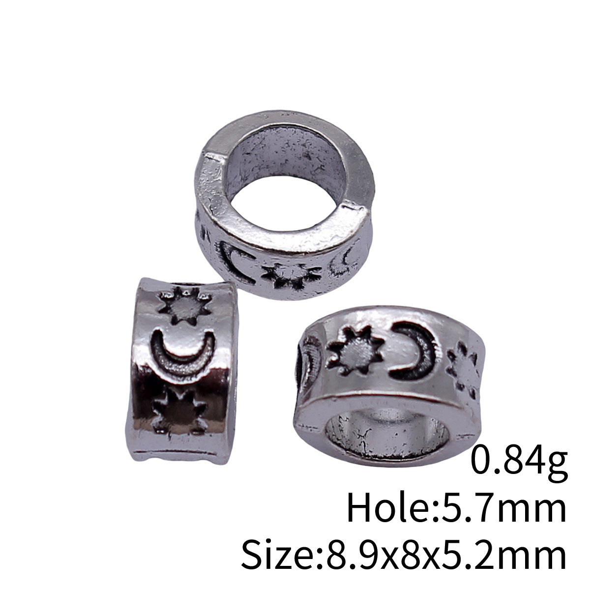 8.9x8x5.2mm 0.84g Antique Silver Zinc Alloy Sun Moon Pattern Large Hole Spacer Beads for DIY Bracelets