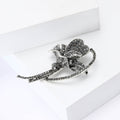 Black Rhinestone Flower Brooch Vintage Silver Tone view 3