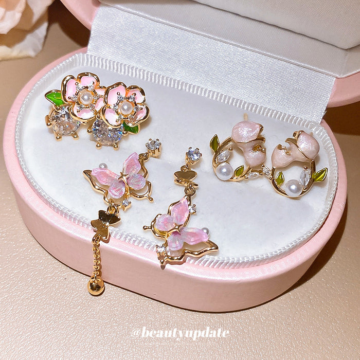 Pastel Flower and Butterfly Drop Earrings with Pearls