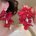Red Fabric Floral Drop Earrings in Four Layered Styles view 3
