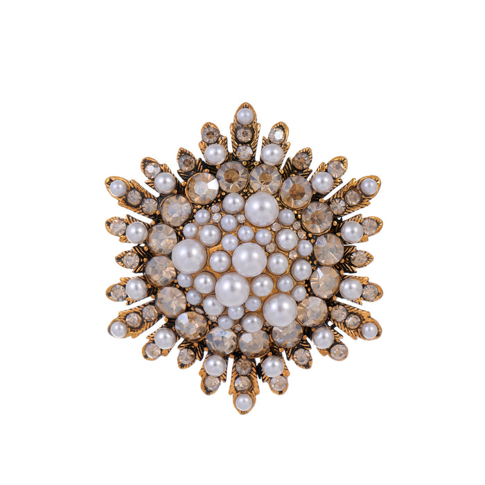 Gold Tone Silver Tone Sunflower Crystal Pearl Look Metal Brooch Pin