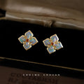 Gold Tone Blue Purple Enamel Four Petal Square Flower Stud Earrings view 4
