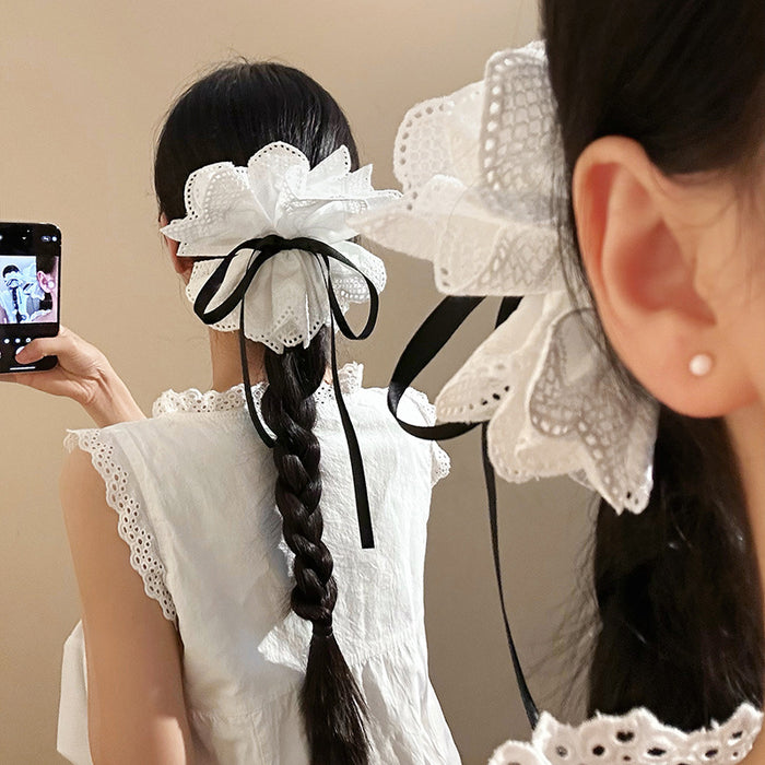 White Eyelet Flower Hair Claw Clips Pearl Black Ribbon